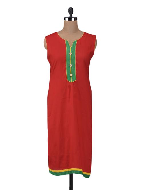 Solid Red Funnel Neck Sleeveless Kurta - 1098904 - Very Small Image - 1
