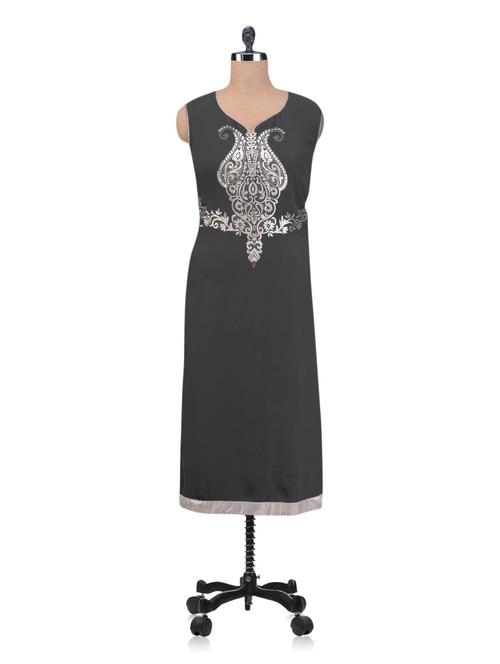 Paisley Printed Sleeveless Dark Grey Kurta - 1098911 - Very Small Image - 1