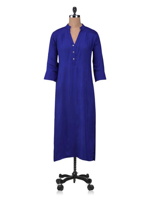 Solid Blue Mandarin Collar Kurta - 1098955 - Very Small Image - 1