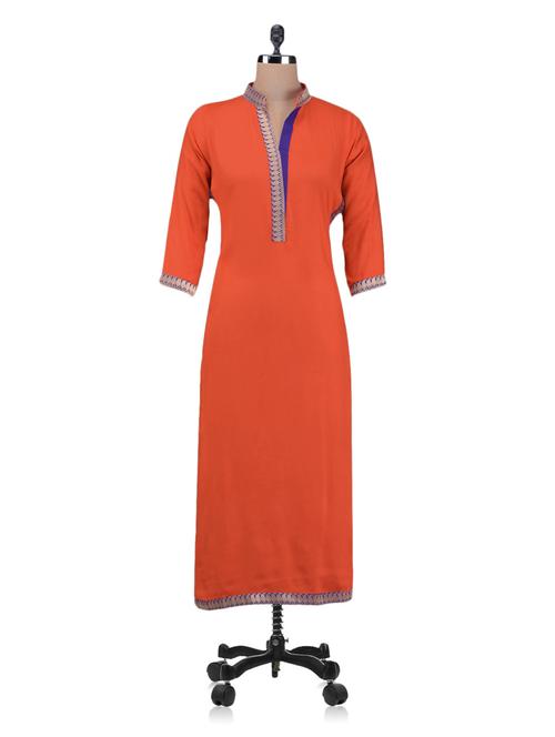 Paisley Zari Lace Border Orange Kurta - 1098957 - Very Small Image - 1