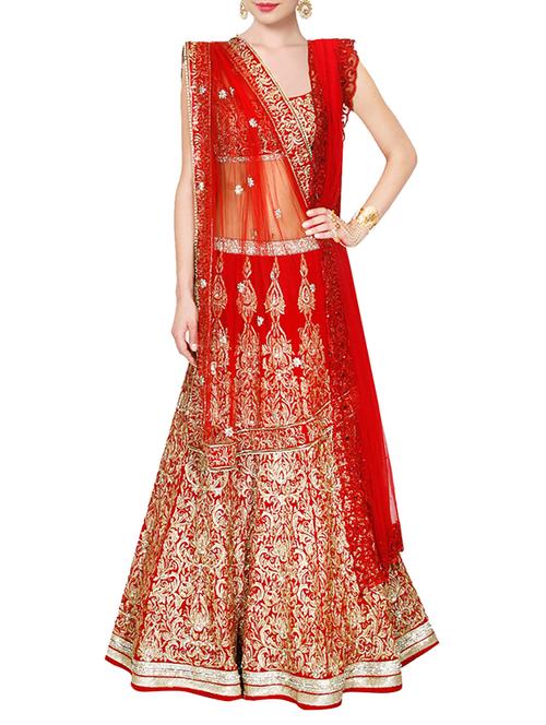 red embroidered banglori silk lehenga - 10995536 - Very Small Image - 1