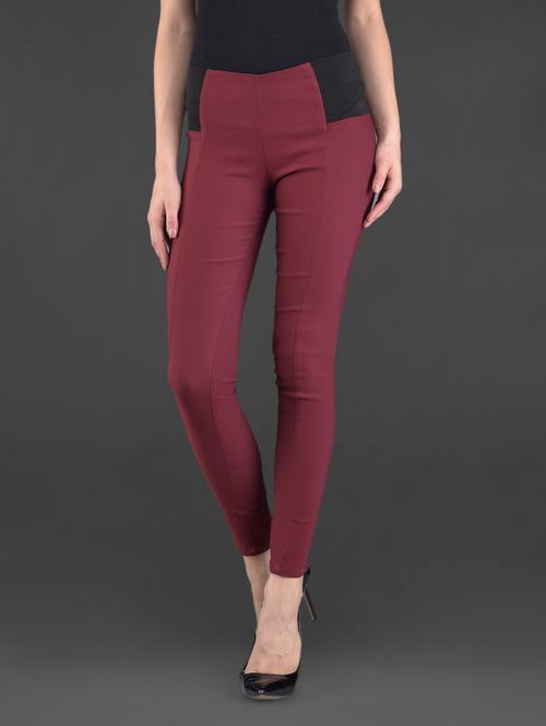 Solid maroon cotton lycra fitted pants - 1101597 - Very Small Image - 1