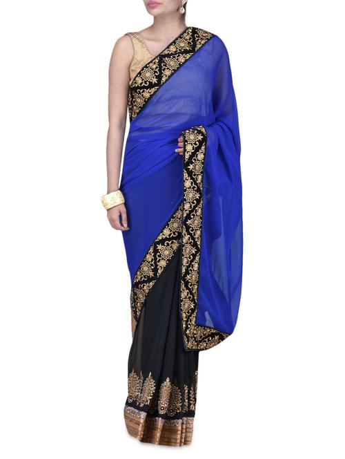 heavy embroidered border blue pallu saree - 1101654 - Very Small Image - 1