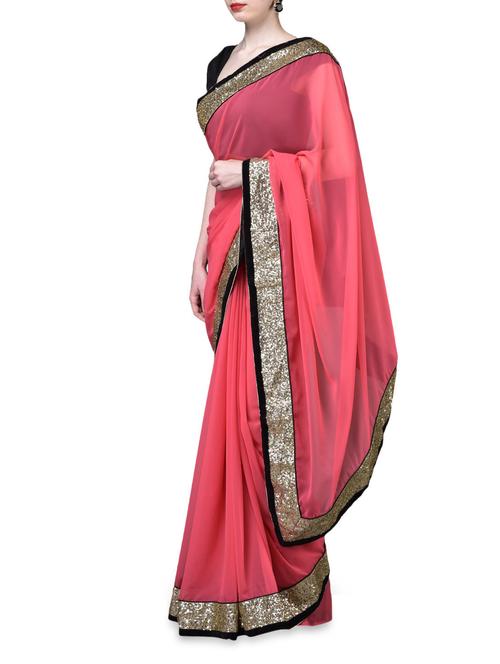bling sequined border solid pink saree - 1101658 - Very Small Image - 1