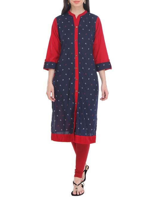 red and blue cotton kurta - 11037661 - Very Small Image - 1