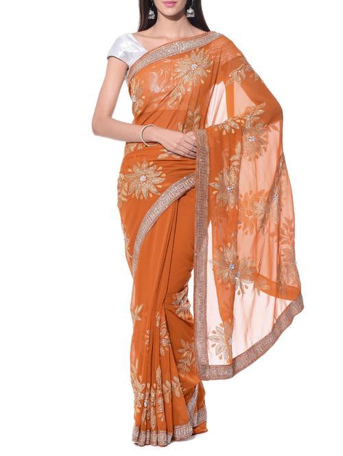 orange embroidered georgette saree - 11048396 - Very Small Image - 1