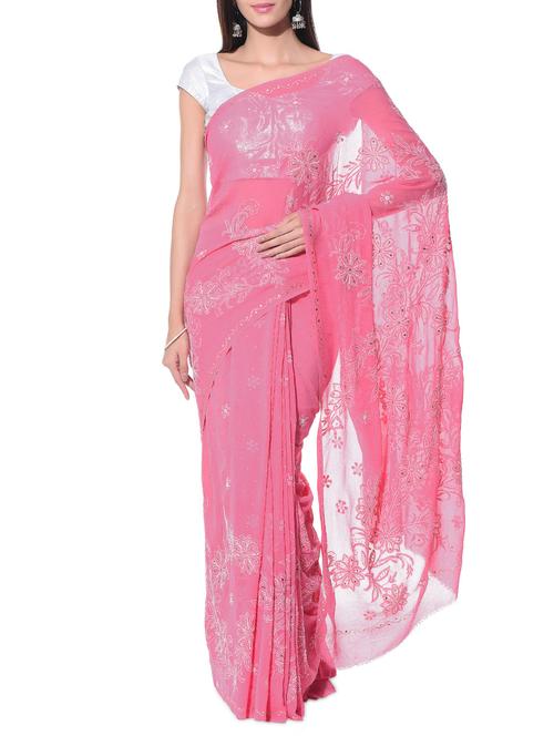 Pink embroidered georgette saree - 11048409 - Very Small Image - 1