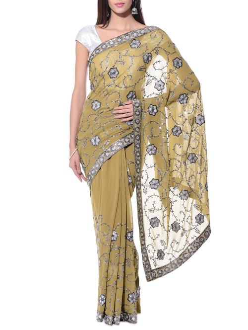 beige sequin embellished georgette saree - 11048415 - Very Small Image - 1