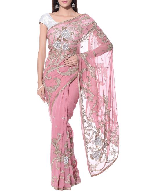 Pastel pink embroidered georgette saree - 11048426 - Very Small Image - 1