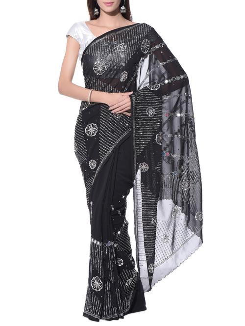 black sequin embellished georgette saree - 11048436 - Very Small Image - 1