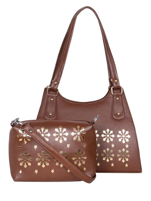 brown leatherette cutwork handbag and pouch combo - 11065921 - Very Small Image - 1