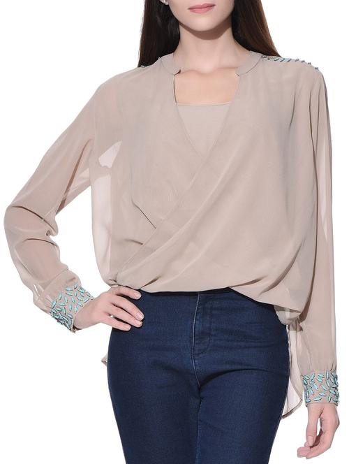 beige embellished georgette overlap top - 11070034 - Very Small Image - 1