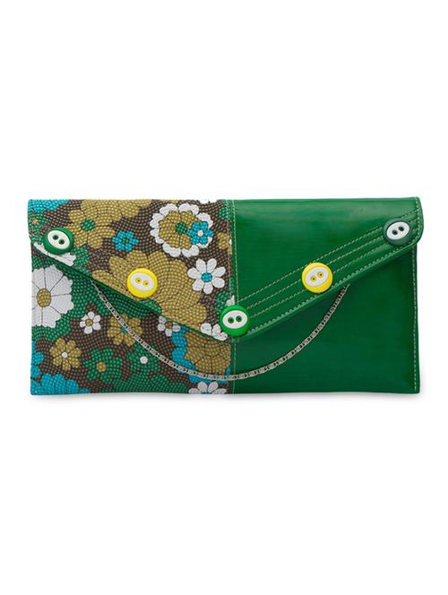button embellished floral printed green clutch - 1107030 - Very Small Image - 1