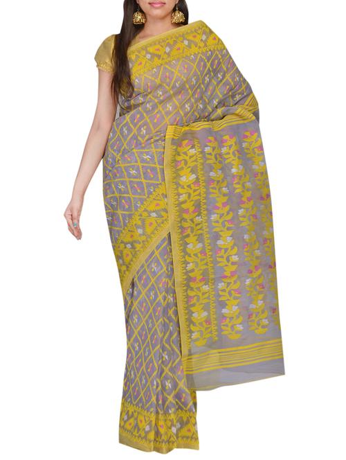 grey , yellow silk, cotton saree - 11076942 - Very Small Image - 1