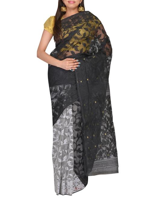 black , white cotton saree - 11076949 - Very Small Image - 1