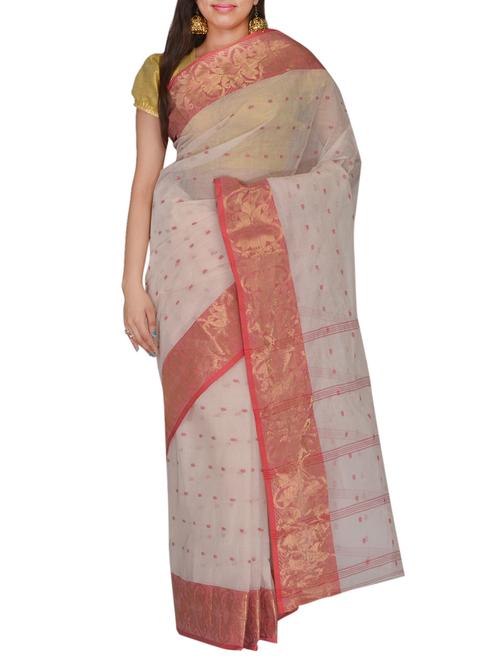 white, red cotton saree - 11076997 - Very Small Image - 1
