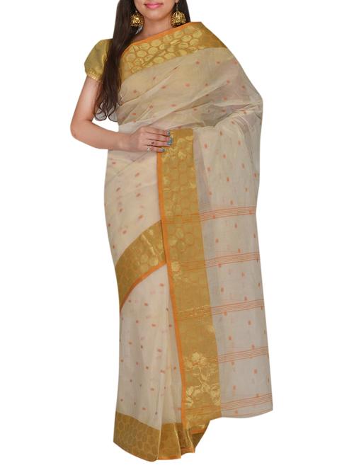 white, gold cotton saree - 11077013 - Very Small Image - 1