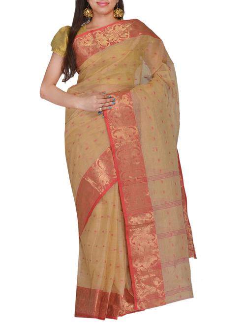 beige, red cotton saree - 11077015 - Very Small Image - 1
