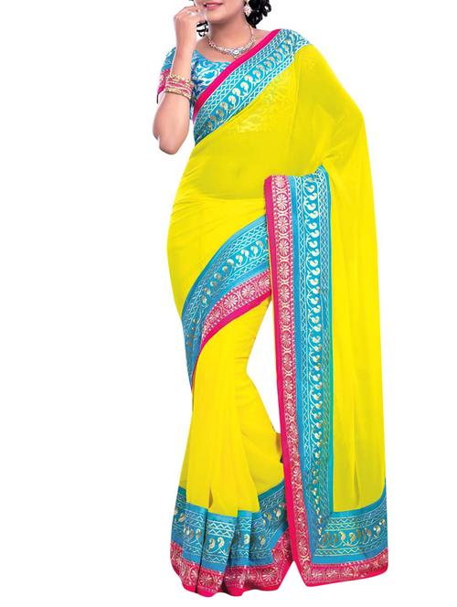 yellow georgette saree with embroidered border - 1108119 - Very Small Image - 1