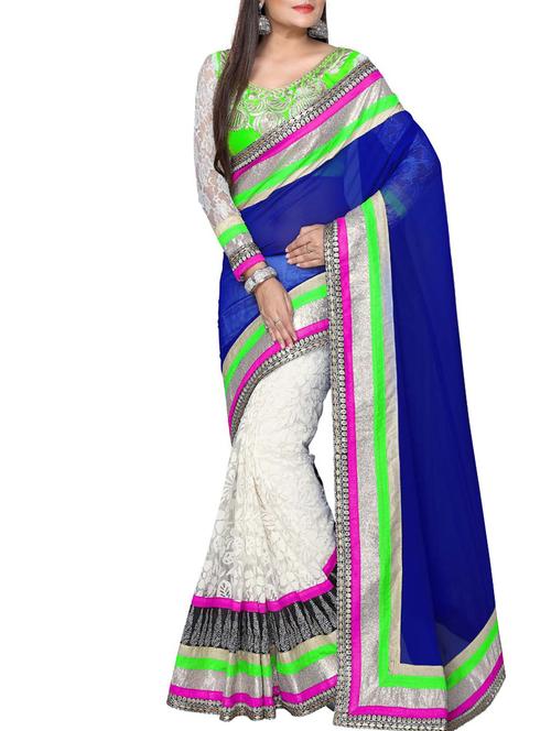 royal blue and white georgette saree - 1108125 - Very Small Image - 1