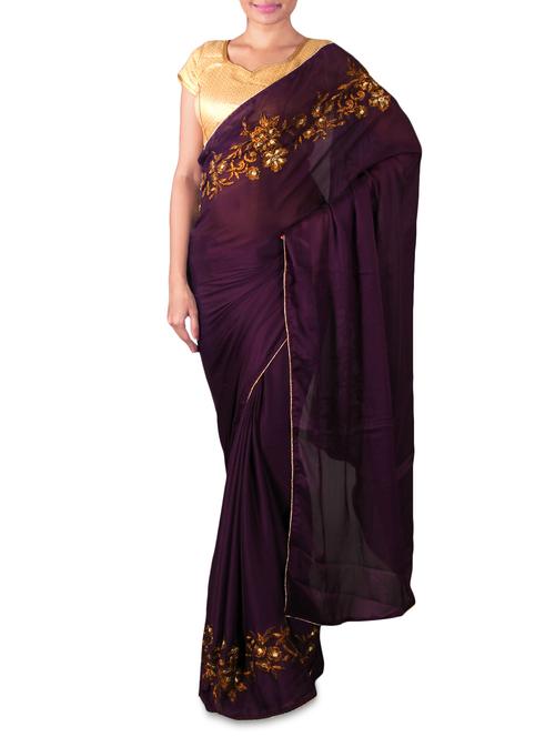 dark purple embroidered georgette saree - 1108132 - Very Small Image - 1