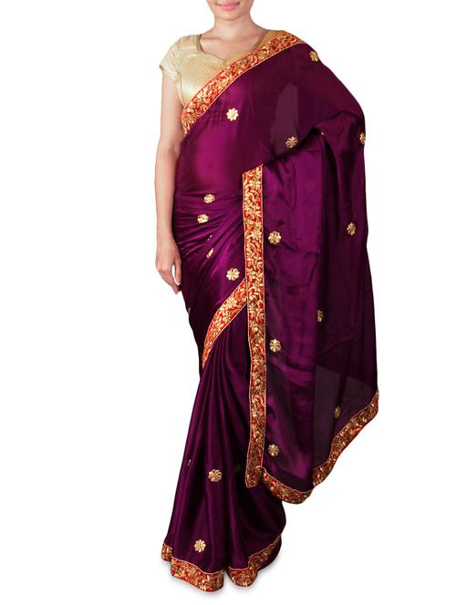 dark purple embroidered chiffon saree - 1108139 - Very Small Image - 1