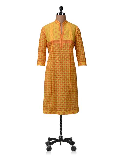 yellow cotton straight kurta - 1110269 - Very Small Image - 1