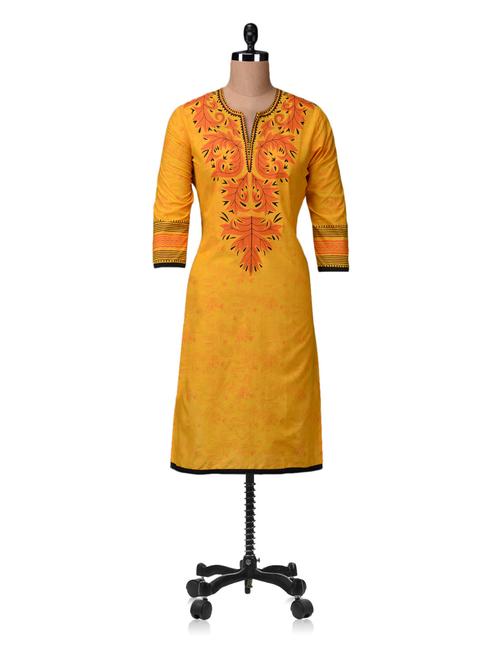 yellow cotton straight kurta - 1110295 - Very Small Image - 1