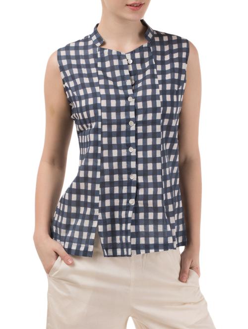 blue manadarin collar cotton shirt - 11106359 - Very Small Image - 1