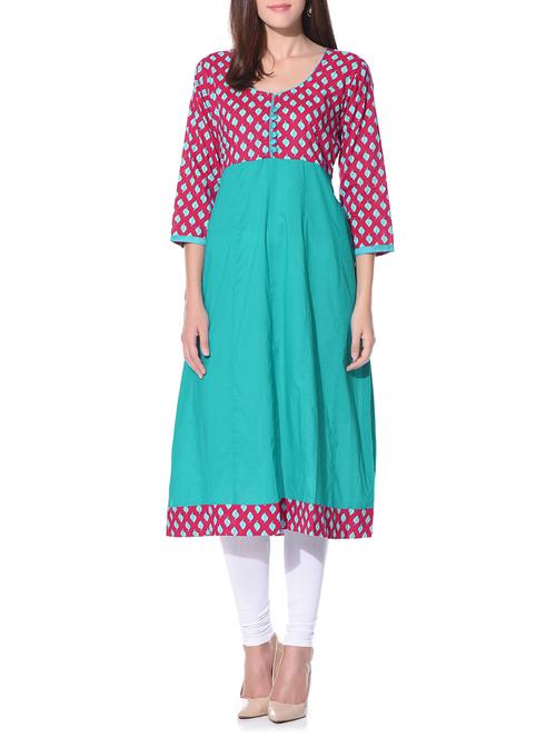 turquoise and pink printed flared kurta - 11109728 - Very Small Image - 1