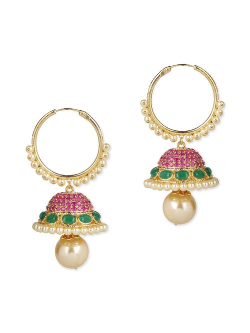 pink and green metal jhumka earrings - 11113123 - Very Small Image - 1