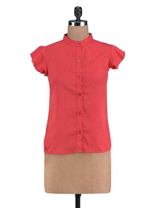mandarin collar solid red top - 1111662 - Very Small Image - 1