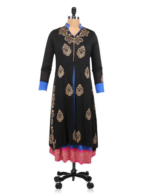 black mandarin collar block print kurta - 1112452 - Very Small Image - 1