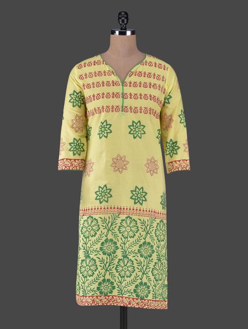 quarter sleeves block printed cotton kurta - 1116278 - Very Small Image - 1