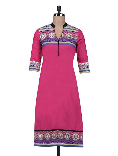 printed yoke border fichsia kurta - 1116321 - Very Small Image - 1