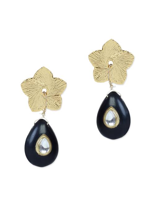 floral black kundan drop shape hanging earring - 1118517 - Very Small Image - 1