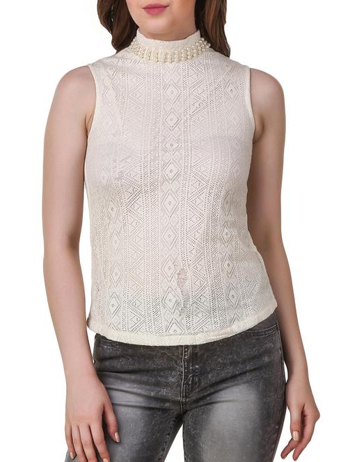 solid off-white cutwork embellished cotton top - 11228299 - Very Small Image - 1