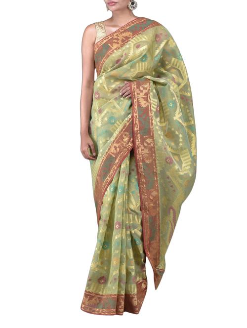 Green moonga check Banarasi brocade saree - 1122889 - Very Small Image - 1