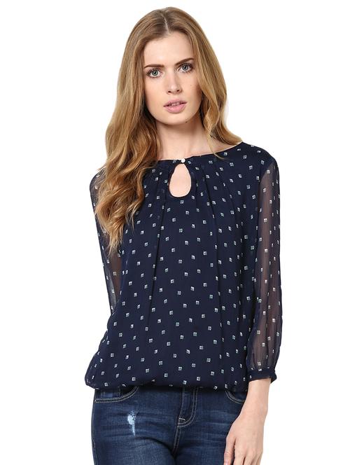 polka dots printed round neck polychiffon top - 1125108 - Very Small Image - 1