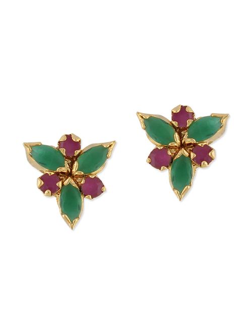 green and pink embellished brass studs earrings - 11275669 - Very Small Image - 1