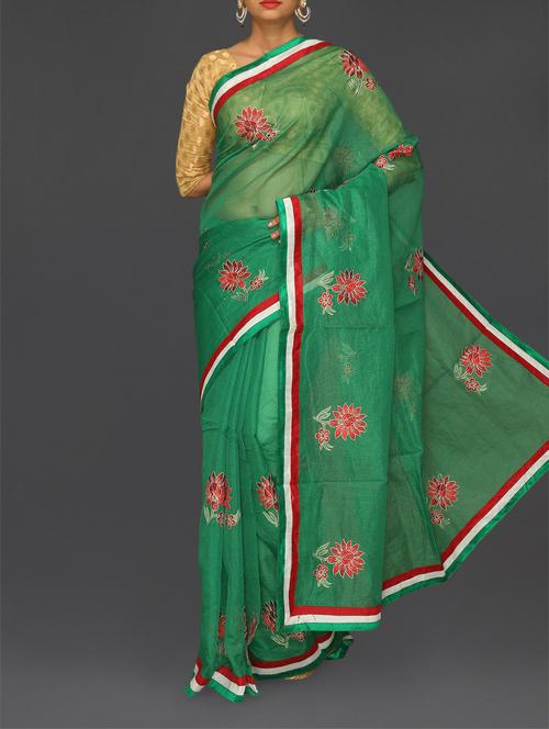 green floral embroidered cotton net saree - 1127912 - Very Small Image - 1