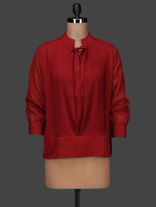 mandarin collar pin tucked crepe top - 1128019 - Very Small Image - 1