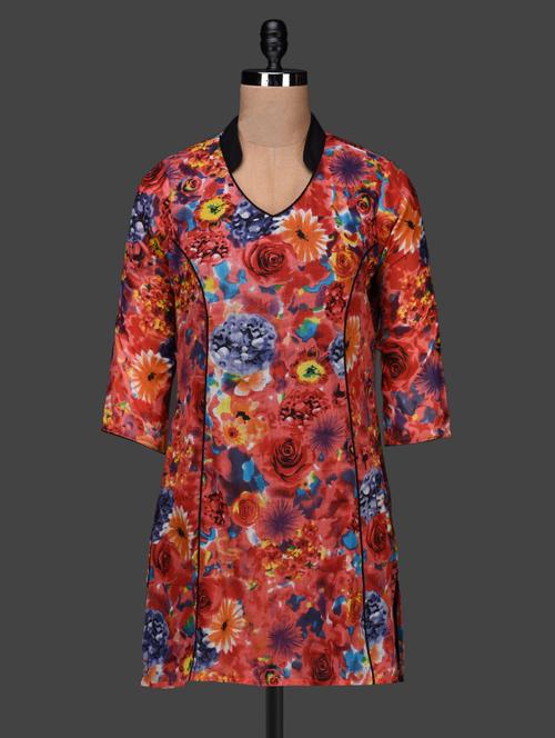 mandarin collar panelled floral kurta - 1128041 - Very Small Image - 1