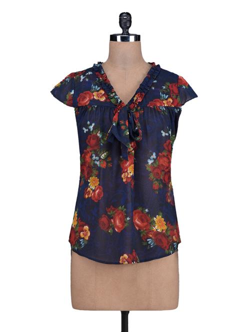 blue printed gather poly georgette top - 1128856 - Very Small Image - 1