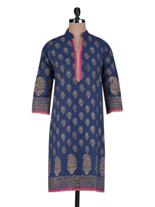 Navy Blue block Printed Cotton Kurta - 1128911 - Very Small Image - 1