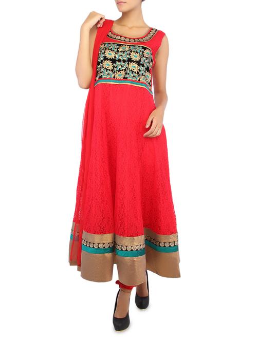 Red embroidered net suit set - 1129177 - Very Small Image - 1