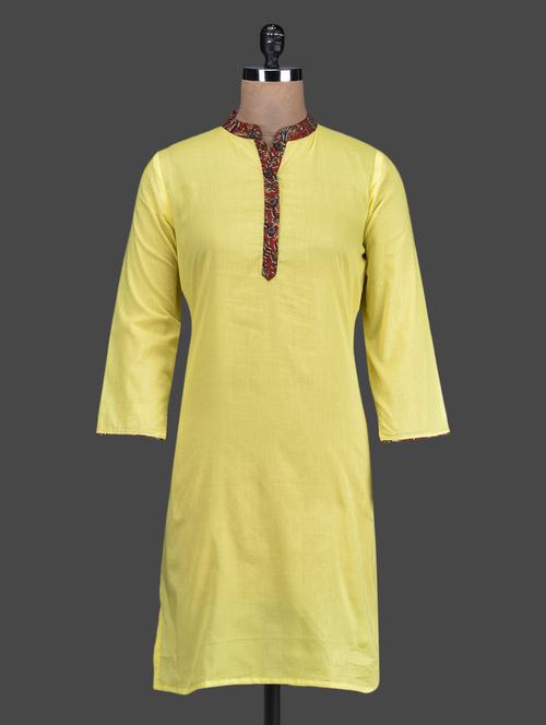 Yellow Printed Placket Cotton Kurti - 1129992 - Very Small Image - 1