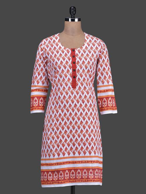 Printed Round Neck Cotton Kurti - 1130014 - Very Small Image - 1
