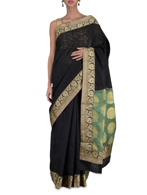 black jacquard supernet saree with gold border - 1130144 - Very Small Image - 1