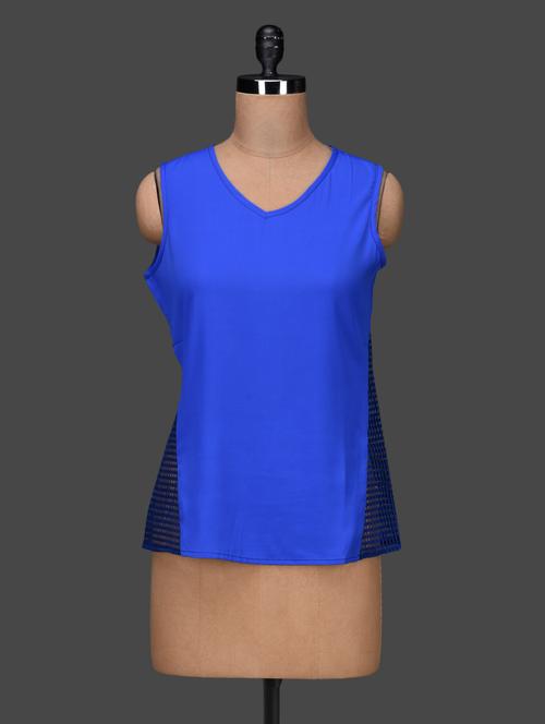 sleeveless mesh inset blue crepe top - 1131962 - Very Small Image - 1